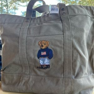 Ralph Lauren Polo grey canvas Tote with American Flag Teddy Bear. Brand new!
